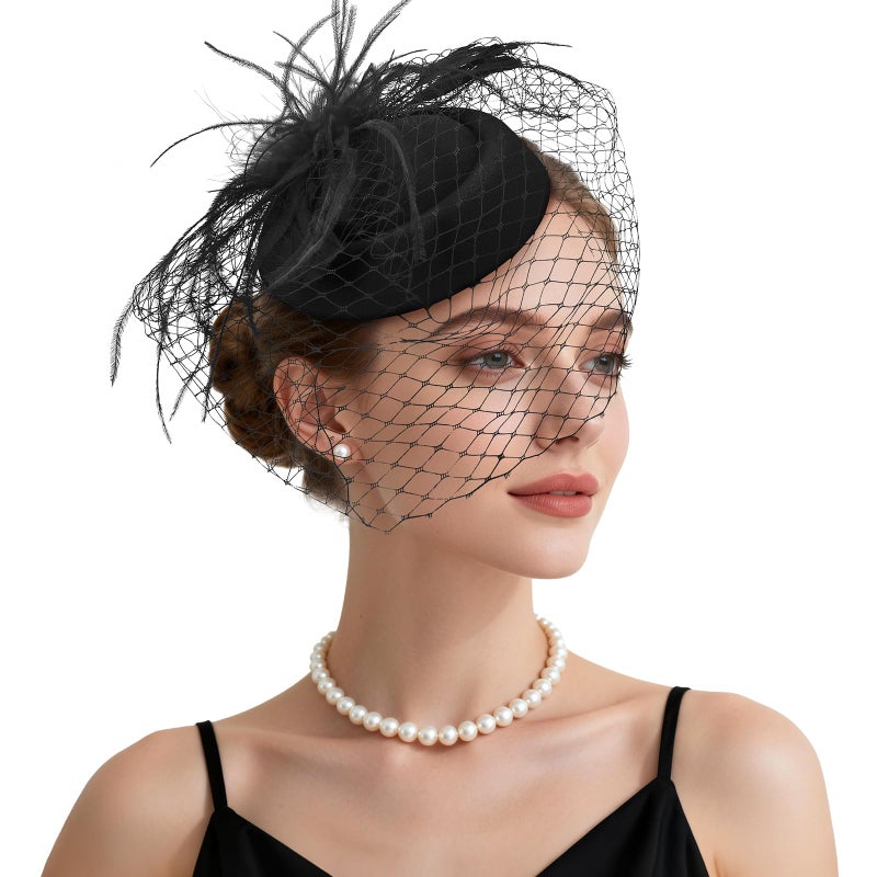 Revkokmx Fascinator Hat Veil Feather Fascinator Tea Party Bridal Wedding Veil Retro Hat Pillbox Derby Hats for Women Black - Image 1