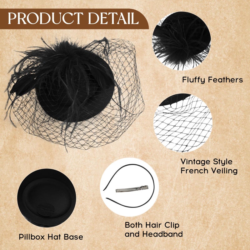 Revkokmx Fascinator Hat Veil Feather Fascinator Tea Party Bridal Wedding Veil Retro Hat Pillbox Derby Hats for Women Black - Image 3
