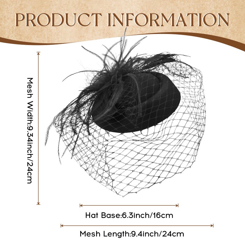 Revkokmx Fascinator Hat Veil Feather Fascinator Tea Party Bridal Wedding Veil Retro Hat Pillbox Derby Hats for Women Black - Image 2