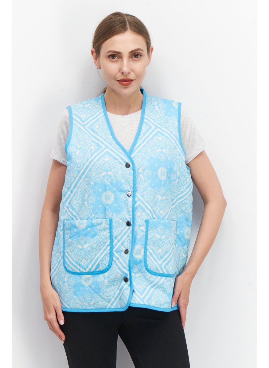 Native Youth Women V-Neck Paisley Pattern Sleeveless Vest, Turquoise  - Image 1