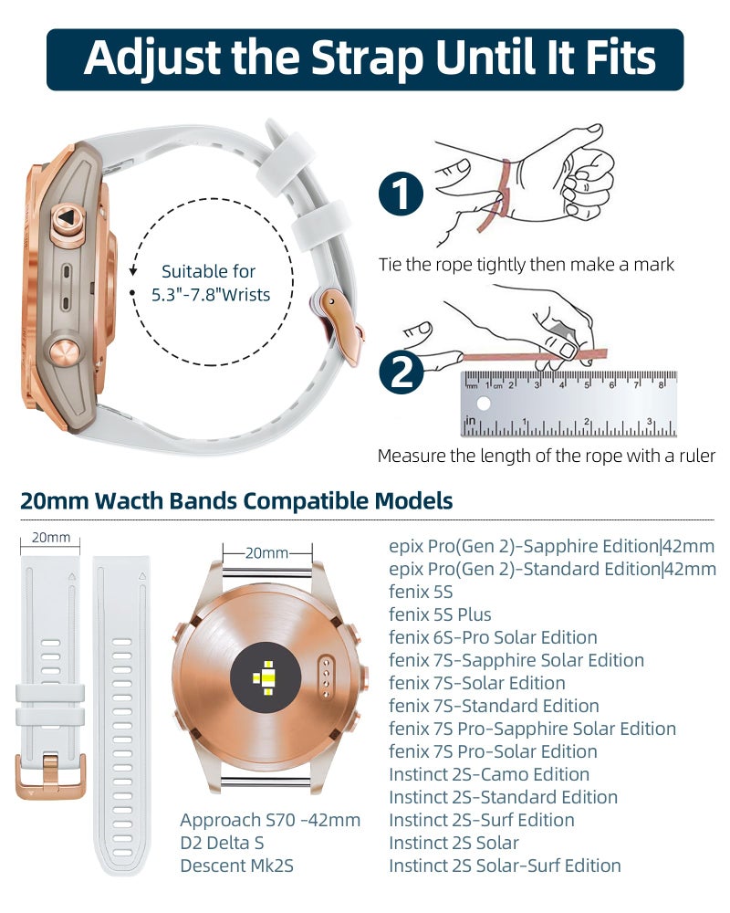 OUTVI 20mm Watch Band for Garmin fenix 5s fenix 6s fenix 7s pro quickfit 20 bands Replacement for garmin epix 2 42mm sapphire short strap Rose Gold women men White - Image 3