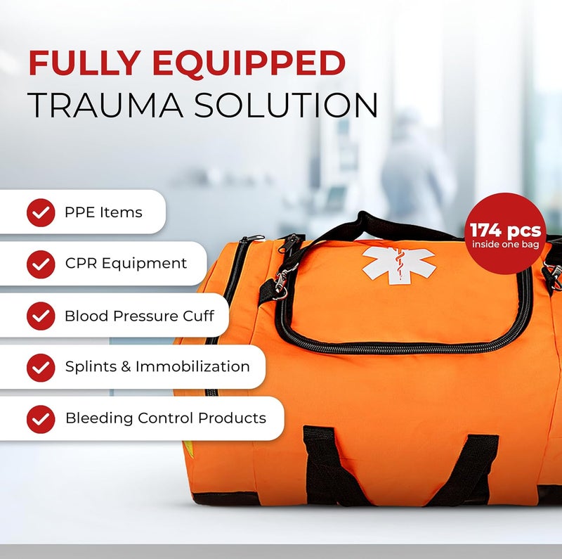 Ever Ready First Aid حقيبة طوارئ EMT كبيرة مجهزة بالكامل مع مجموعة الإسعافات الأولية مع حزام ضغط وشاش وقناع CPR ومقص طوارئ وإمدادات طبية طارئة باللون البرتقالي - Image 4