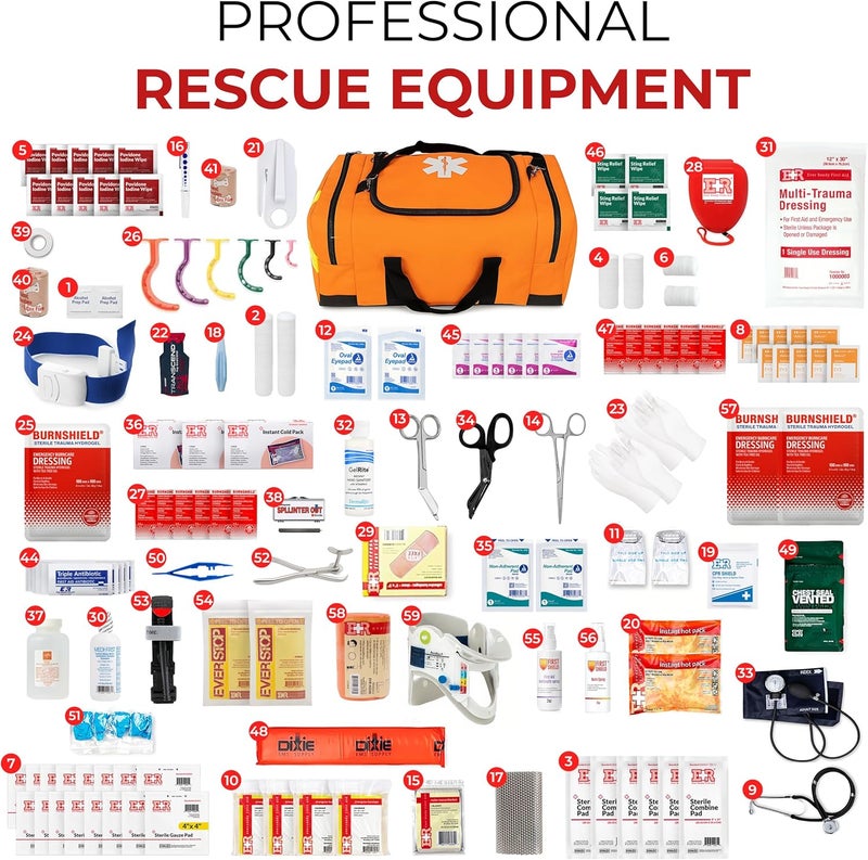 Ever Ready First Aid حقيبة طوارئ EMT كبيرة مجهزة بالكامل مع مجموعة الإسعافات الأولية مع حزام ضغط وشاش وقناع CPR ومقص طوارئ وإمدادات طبية طارئة باللون البرتقالي - Image 2