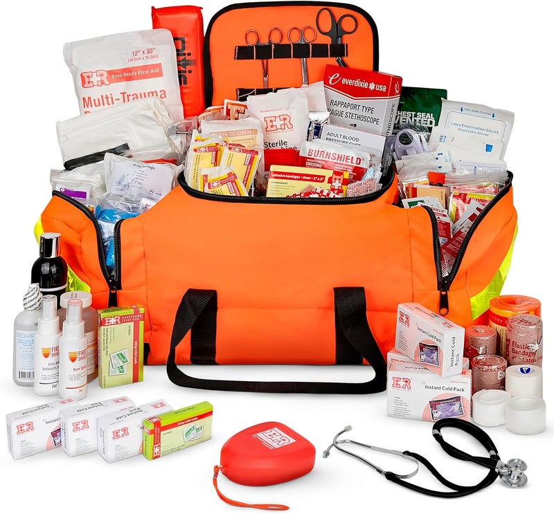 Ever Ready First Aid حقيبة طوارئ EMT كبيرة مجهزة بالكامل مع مجموعة الإسعافات الأولية مع حزام ضغط وشاش وقناع CPR ومقص طوارئ وإمدادات طبية طارئة باللون البرتقالي - Image 1