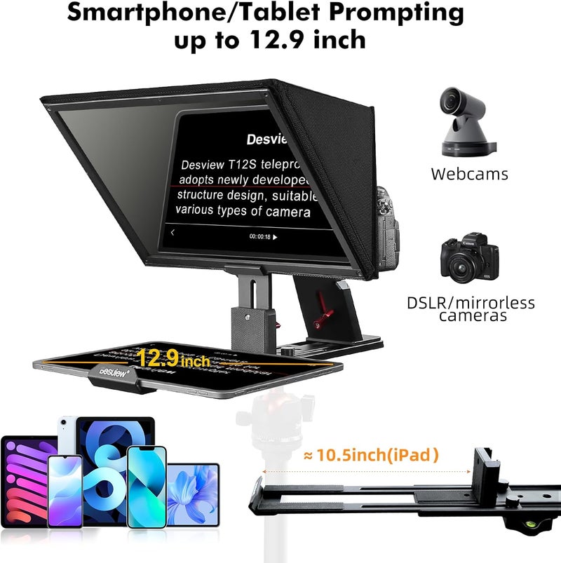 Desview T12S Teleprompter 12.9 inch Metal Teleprompter High Display Glass Compatible with Smartphone Tablet ipad Camera Easy Assembly Carry Case Included Great Partner for Video Making - Image 4