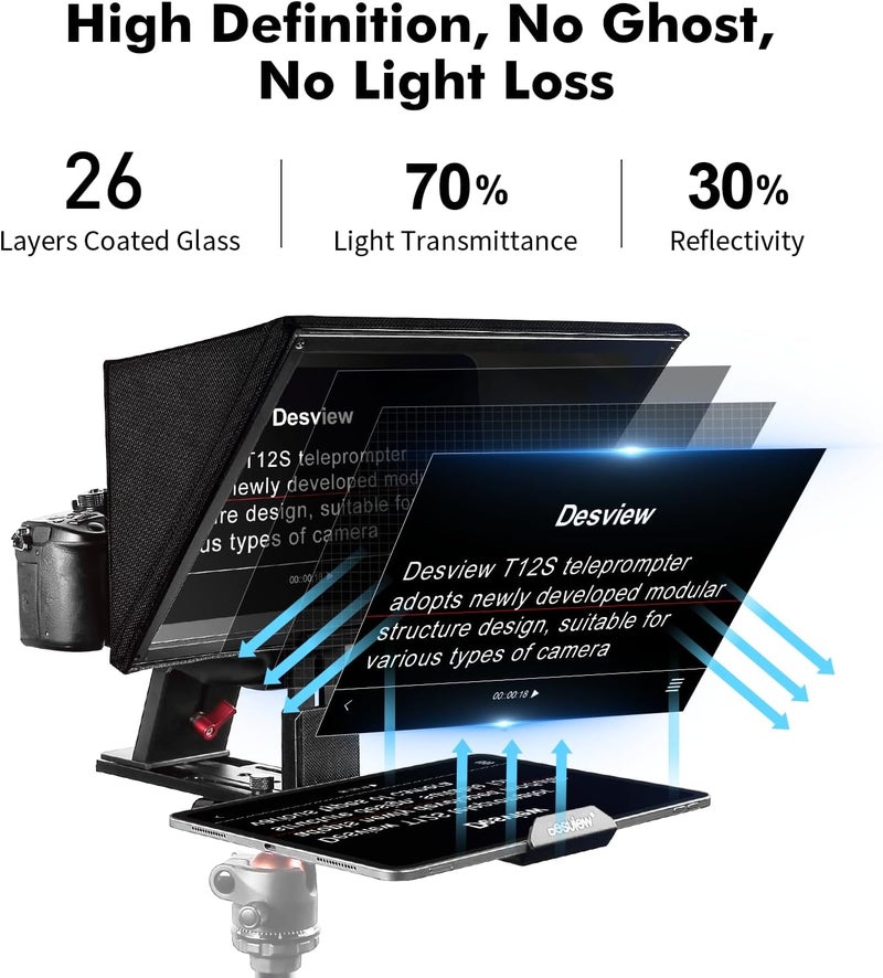 Desview T12S Teleprompter 12.9 inch Metal Teleprompter High Display Glass Compatible with Smartphone Tablet ipad Camera Easy Assembly Carry Case Included Great Partner for Video Making - Image 3