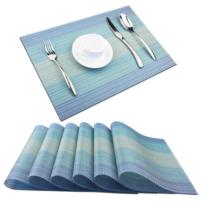 PLACEMATWASHABLE WOVEN NONSLIP INSULATION DURABLE PLACEMAT VINYL TABLE MAT SET OF 6 6PCS PLACEMATS COASTAL BLUE
