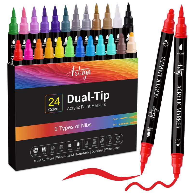 Artugn 24 Colors Acrylic Paint Pens, Dual Tip Pens With Medium Tip and Brush Tip for Rock Painting, Ceramic, Wood, Plastic, Calligraphy, Scrapbooking, Brush Lettering, Card Making, DIY Crafts - Image 1