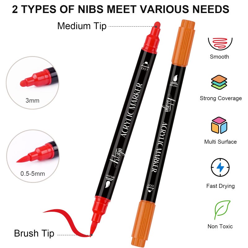 Artugn 24 Colors Acrylic Paint Pens, Dual Tip Pens With Medium Tip and Brush Tip for Rock Painting, Ceramic, Wood, Plastic, Calligraphy, Scrapbooking, Brush Lettering, Card Making, DIY Crafts - Image 2