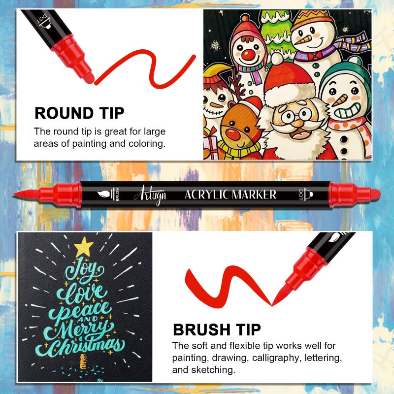 Artugn 24 Colors Acrylic Paint Pens, Dual Tip Pens With Medium Tip and Brush Tip for Rock Painting, Ceramic, Wood, Plastic, Calligraphy, Scrapbooking, Brush Lettering, Card Making, DIY Crafts - Image 4