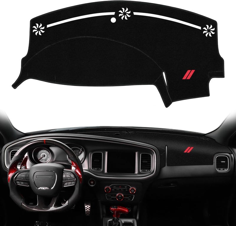 REMOCH غطاء لوحة القيادة لملحقات Dodge Charger (2011–2022، 2023)، وسادة لوحة القيادة مزودة بحاجز لأشعة الشمس وحماية من أشعة UV، مانعة للانزلاق، للجزء الداخلي (لون أسود) - Image 1