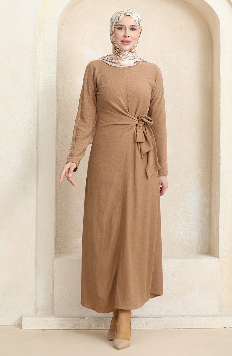 Sefa Merve Bürümcük Fabric Side Tie Dress 1017-01 Milky Coffee  - Image 1