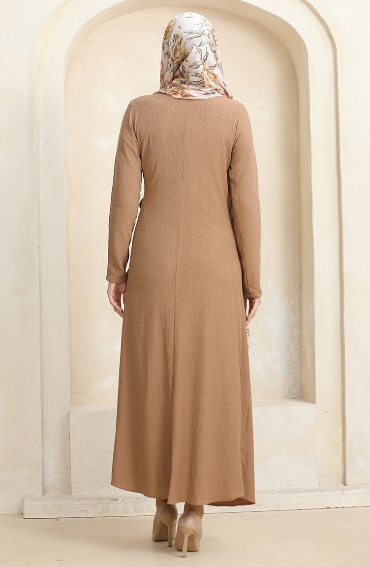 Sefa Merve Bürümcük Fabric Side Tie Dress 1017-01 Milky Coffee  - Image 5