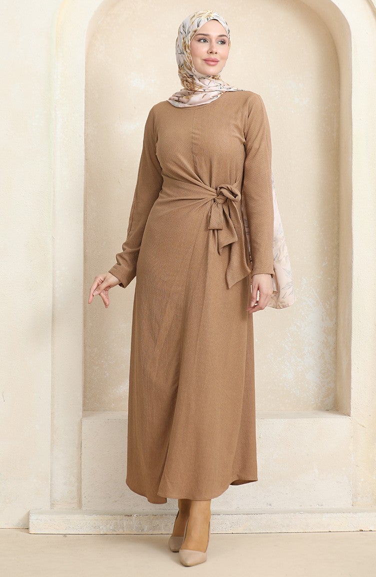 Sefa Merve Bürümcük Fabric Side Tie Dress 1017-01 Milky Coffee  - Image 2