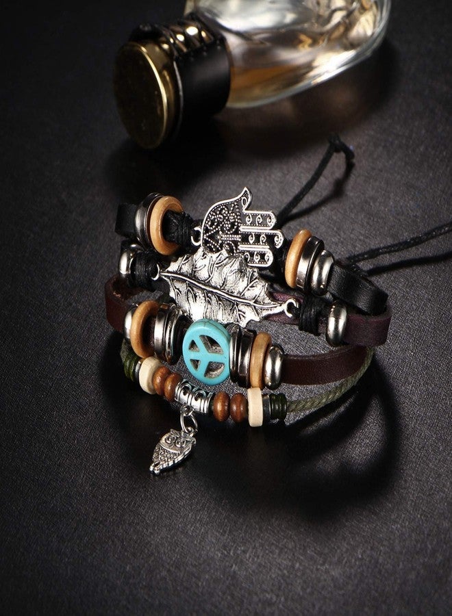 ZIVOM® Black Leather Hamsa Peace Charm Wrist Band Multi Strand Bracelet - Image 5