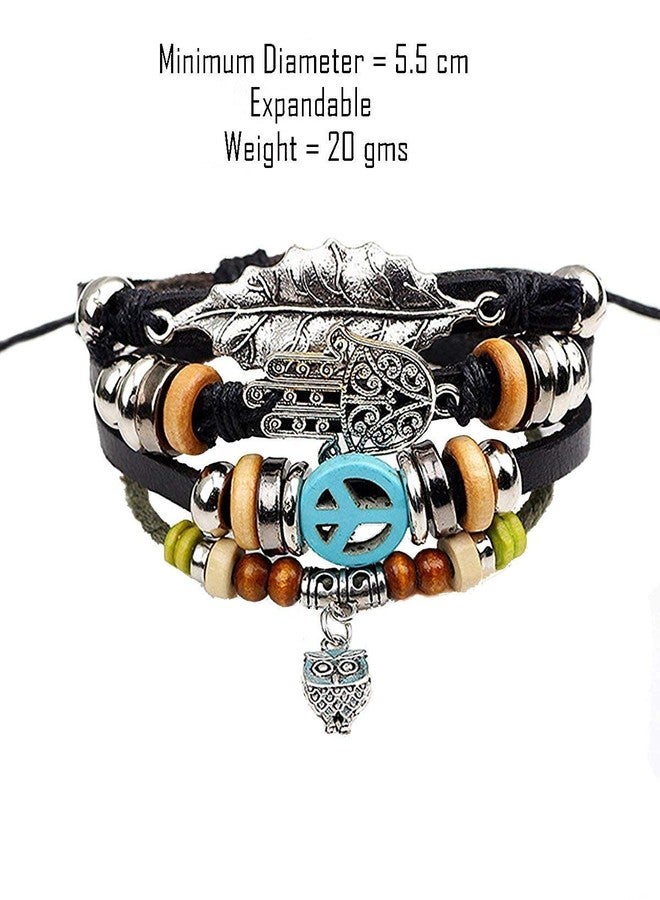 ZIVOM® Black Leather Hamsa Peace Charm Wrist Band Multi Strand Bracelet - Image 2