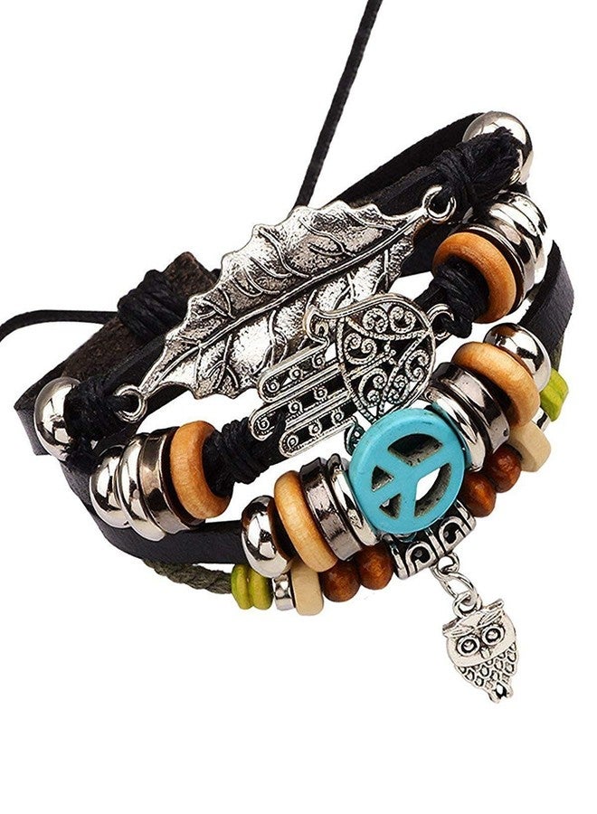 ZIVOM® Black Leather Hamsa Peace Charm Wrist Band Multi Strand Bracelet - Image 1