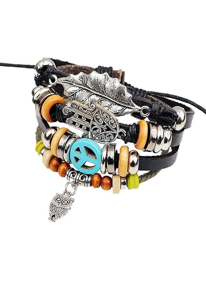 ZIVOM® Black Leather Hamsa Peace Charm Wrist Band Multi Strand Bracelet - Image 3