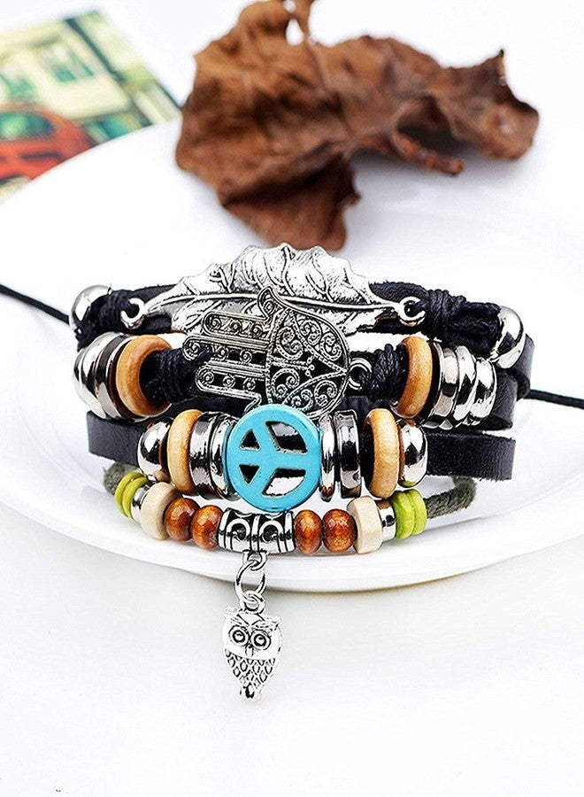 ZIVOM® Black Leather Hamsa Peace Charm Wrist Band Multi Strand Bracelet - Image 4