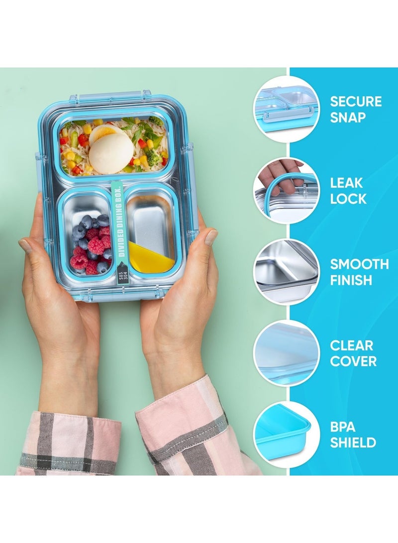 TAPIT Stainless Steel Lunch Box with Divided Compartments Meal Prep Containers Lunch Box for Adults Kids Leak Spill Proof Design Snack Box with Utensils BPA-Free Dishwasher Safe (Blue 1.2 L) - Image 3