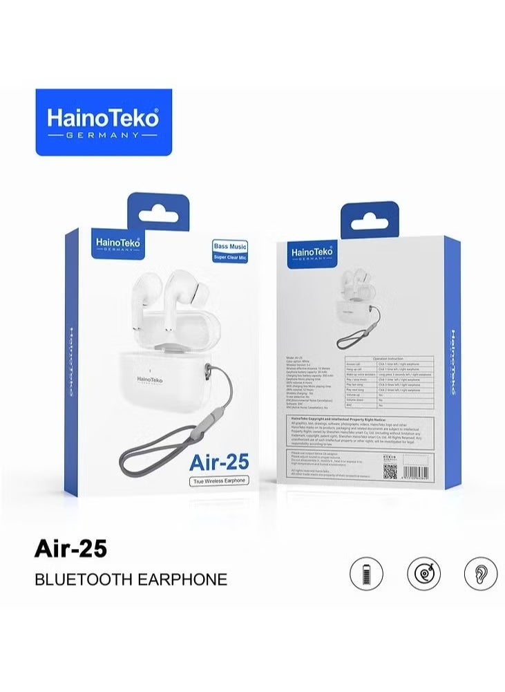 Haino Teko - Wireless AIR-25 In-Ear Bluetooth Earphones – Premium Sound, Comfortable Fit, Free Cover with Hook, Original Quality, Compatible with iOS and Android Devices – Sleek White Design, Sweatproof, High-Performance Audio, Long Battery Life - Image 1