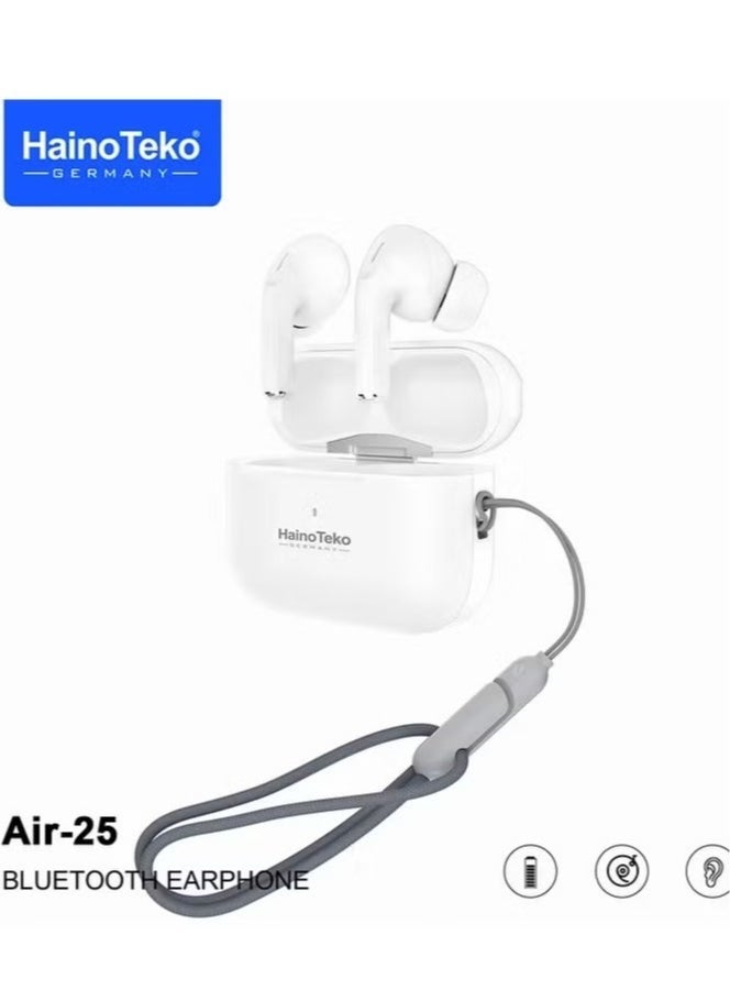 Haino Teko - Wireless AIR-25 In-Ear Bluetooth Earphones – Premium Sound, Comfortable Fit, Free Cover with Hook, Original Quality, Compatible with iOS and Android Devices – Sleek White Design, Sweatproof, High-Performance Audio, Long Battery Life - Image 1