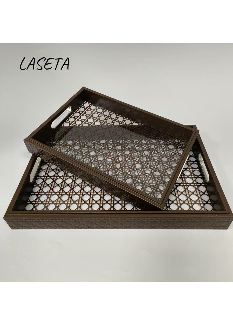 2PCS With a plaid pattern Acrylic Tray with Bamboo Handles, Decorative Serving Tray for Coffee Table, Tea, 2torage Rectangular