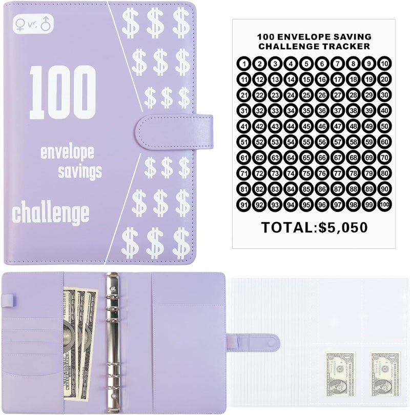KASTWAVE 100 Envelopes Money Saving Challenge, 100 Envelope Challenge Binder, 100-Day Envelope Challenge Kit Money Saving Binder, Easy And Funny Way To Save $5,050 Budget Planner, A5 Savings Book - Image 1