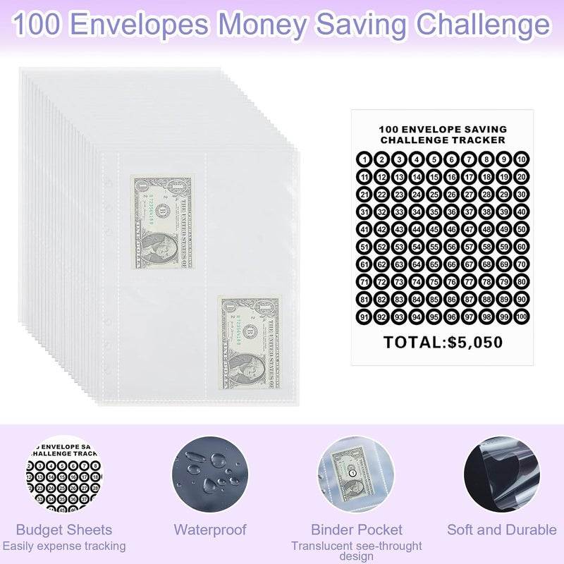 KASTWAVE 100 Envelopes Money Saving Challenge, 100 Envelope Challenge Binder, 100-Day Envelope Challenge Kit Money Saving Binder, Easy And Funny Way To Save $5,050 Budget Planner, A5 Savings Book - Image 4