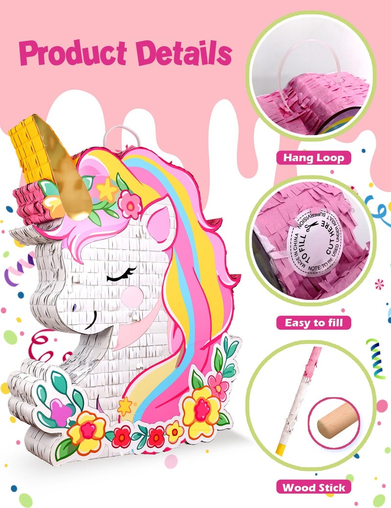 LAKINGO Unicorn PiÃ±ata for Birthday Party Girl, Princess Party PiÃ±ata with Wood Stick, Blindfold & Confetti, Rainbow Unicorn Birthday Decoration (15.6"x12.6"x3.1") - Image 3