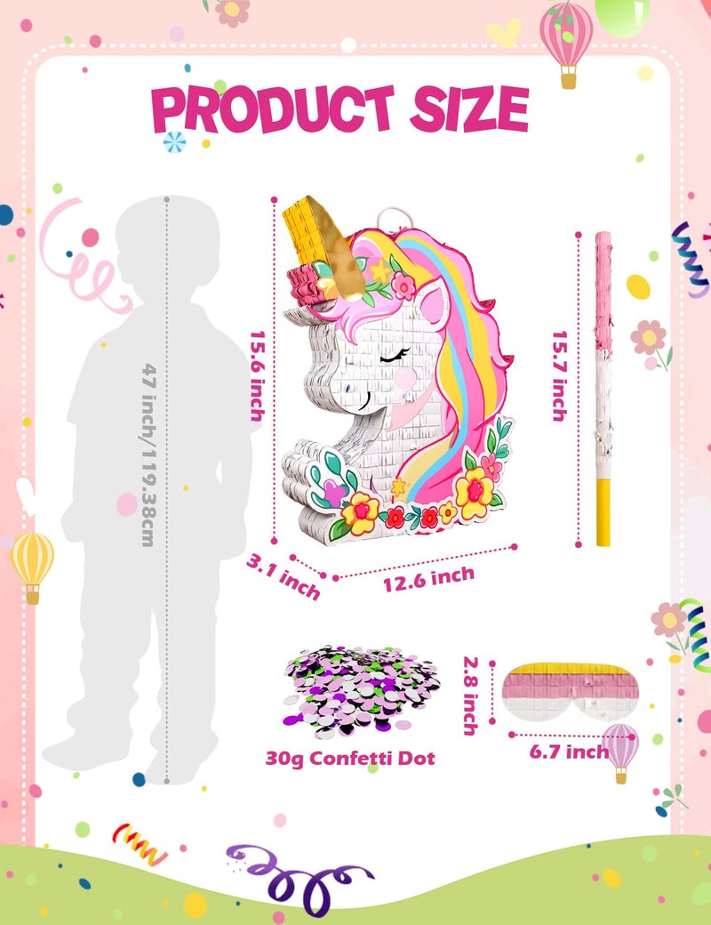 LAKINGO Unicorn PiÃ±ata for Birthday Party Girl, Princess Party PiÃ±ata with Wood Stick, Blindfold & Confetti, Rainbow Unicorn Birthday Decoration (15.6"x12.6"x3.1") - Image 2