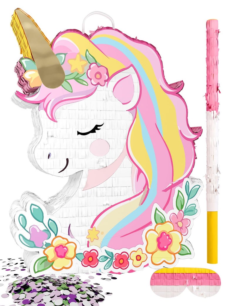 LAKINGO Unicorn PiÃ±ata for Birthday Party Girl, Princess Party PiÃ±ata with Wood Stick, Blindfold & Confetti, Rainbow Unicorn Birthday Decoration (15.6"x12.6"x3.1") - Image 1