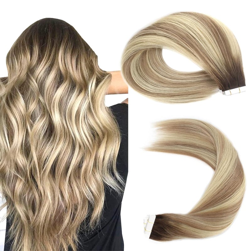 Sassina Tape in Hair Extensions Rooted Brown to Blonde Soft Invisible Seamless Skin Weft Tape in Human Hair Extensions 18 Inch Double Side Reusable Tape in Extensions 50gram 20pcsSet