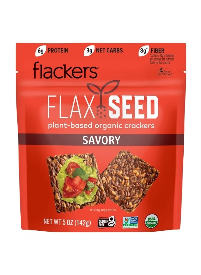Flackers مقرمشات بذور الكتان العضوية، خالية من الغلوتين، غير معدلة وراثيًا، نباتية، وجبة كيتو خفيفة، 8 جرام ألياف، 3 جرام كربوهيدرات صافية، 5 أونصات، عبوة واحدة - Image 1