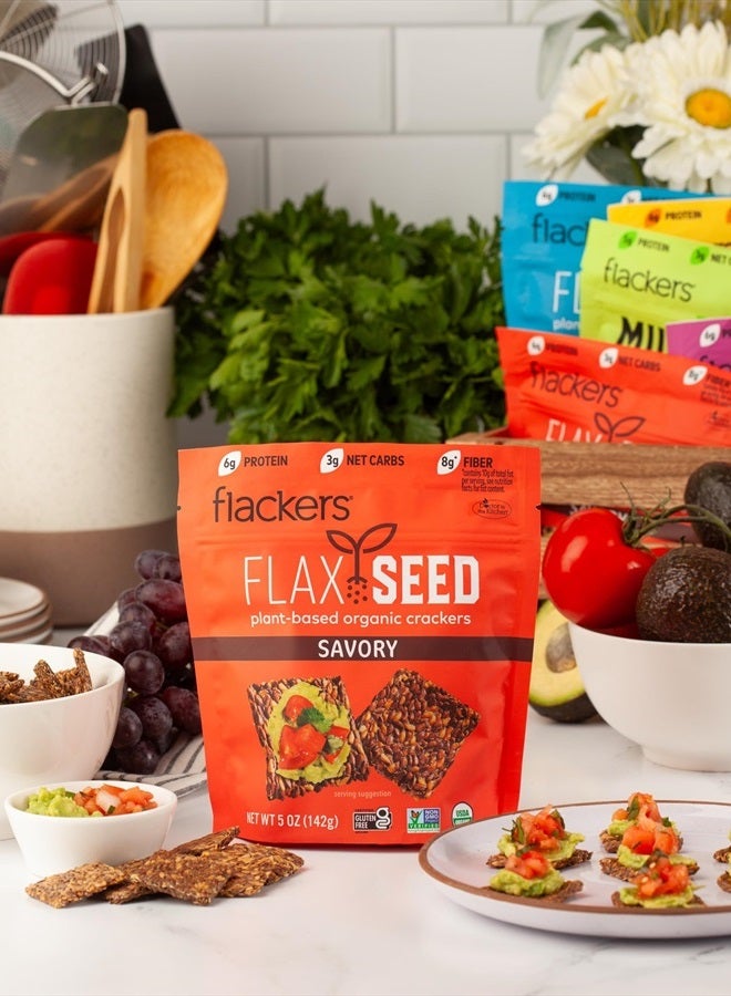 Flackers مقرمشات بذور الكتان العضوية، خالية من الغلوتين، غير معدلة وراثيًا، نباتية، وجبة كيتو خفيفة، 8 جرام ألياف، 3 جرام كربوهيدرات صافية، 5 أونصات، عبوة واحدة - Image 3