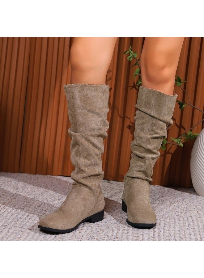 European And American Plus Size Heap Suede Western Boots Women's High Barrel Round Toe Solid Color Thick Heel Flat Fashion Boots