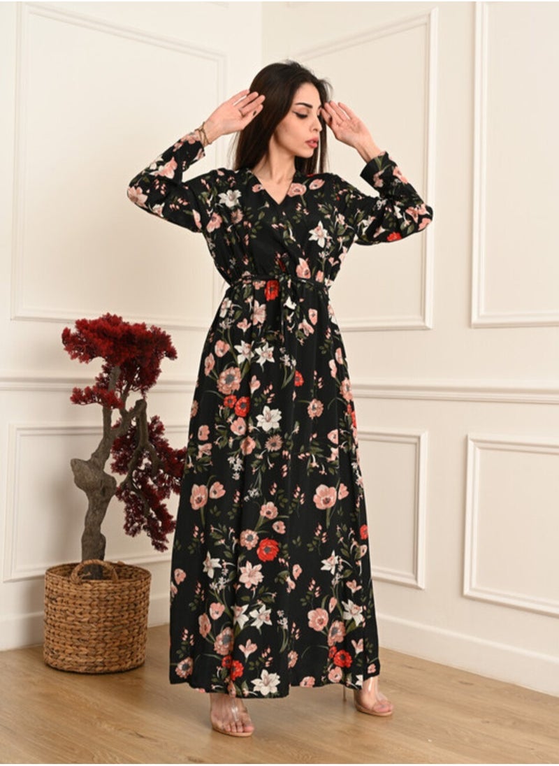 FULL JOY - Floral Elegant Maxi  Jalabiya  with a tie at the waist and long sleeves - Image 1