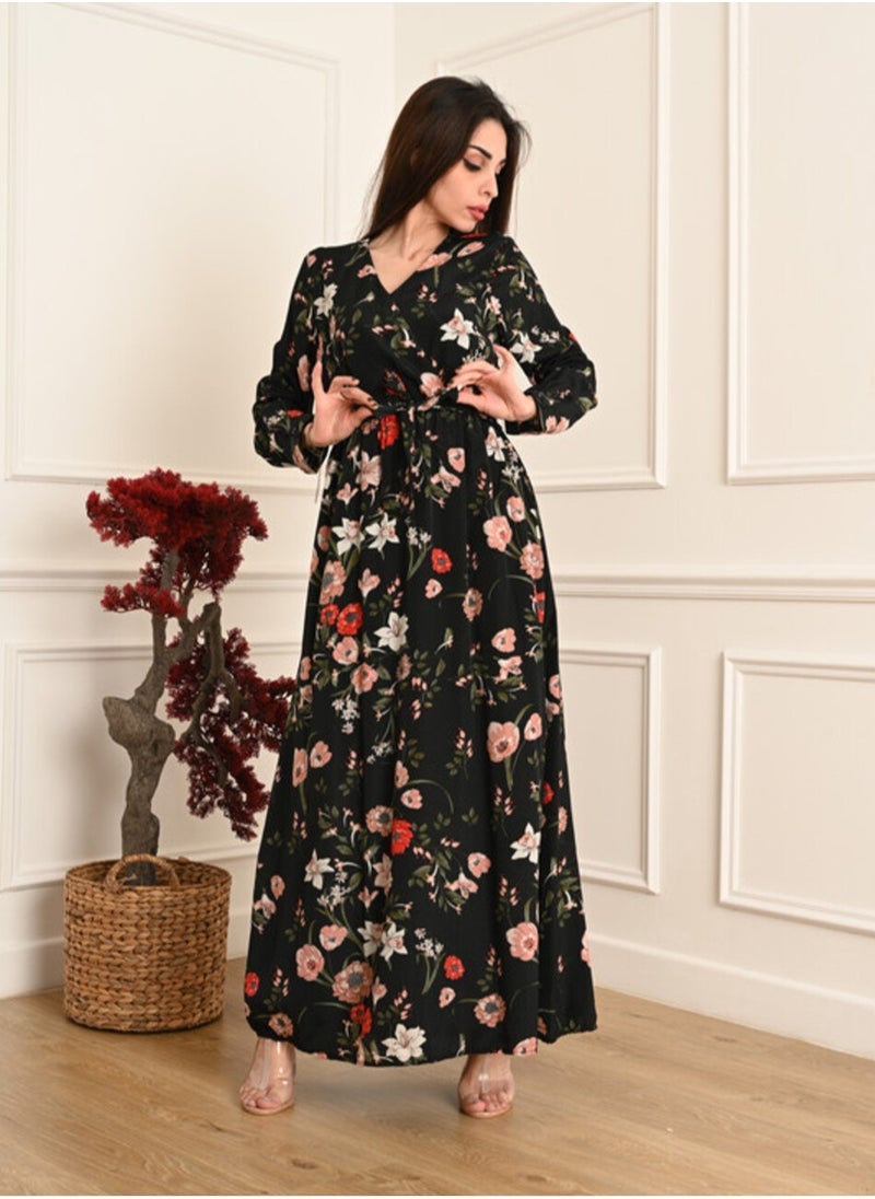 FULL JOY - Floral Elegant Maxi  Jalabiya  with a tie at the waist and long sleeves - Image 1