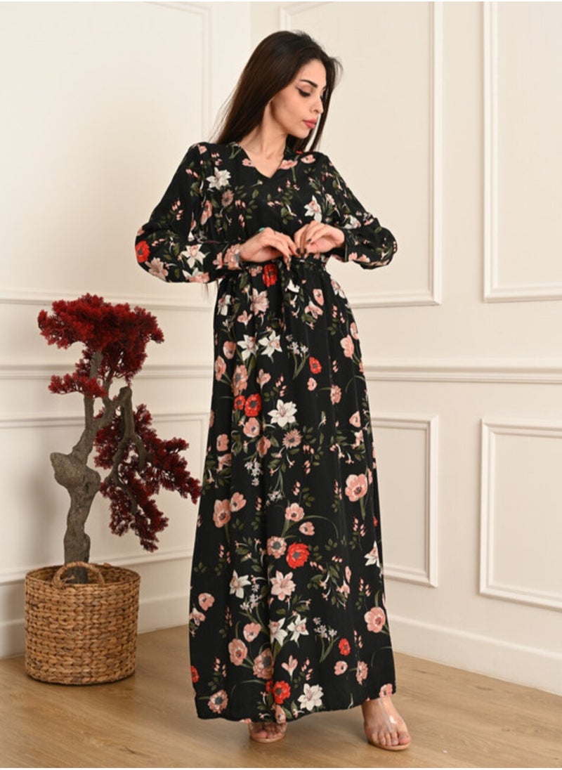 FULL JOY - Floral Elegant Maxi  Jalabiya  with a tie at the waist and long sleeves - Image 1