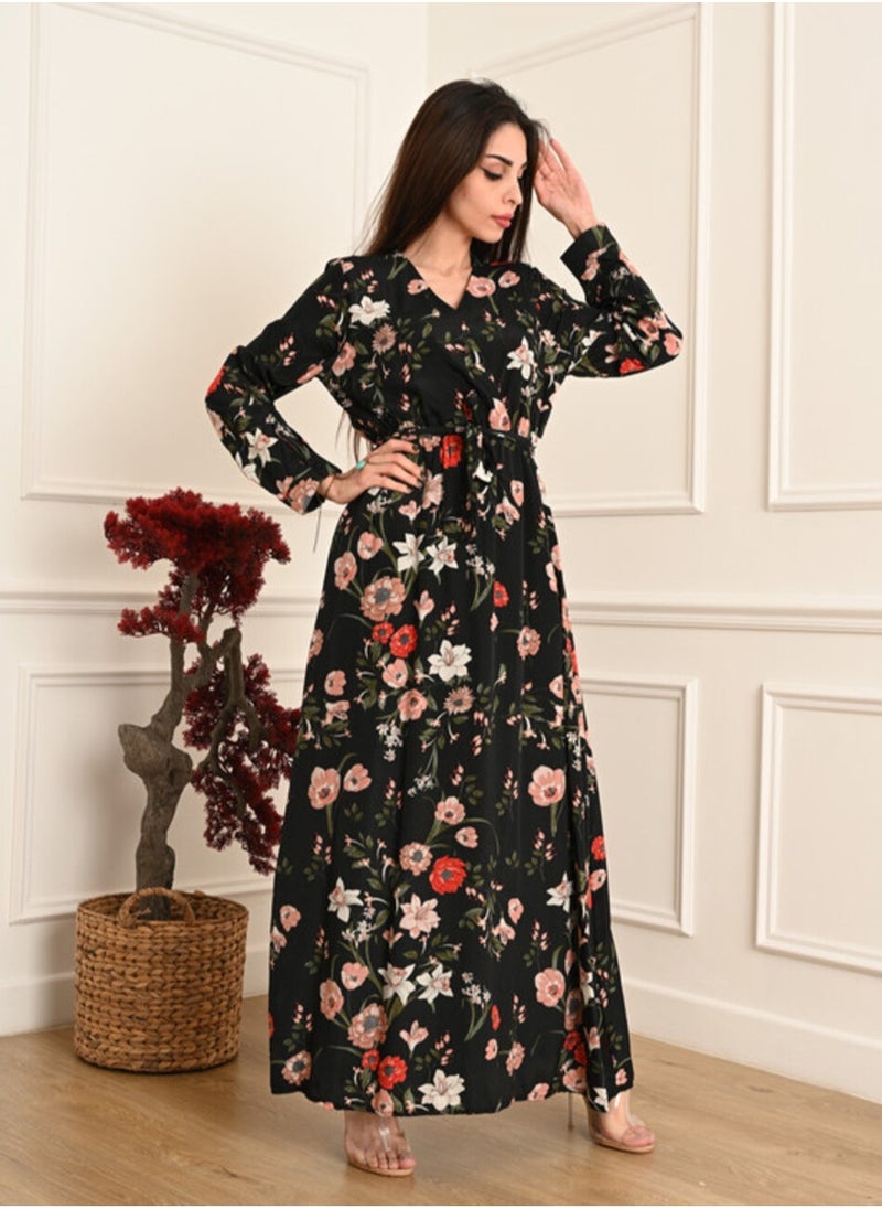 FULL JOY - Floral Elegant Maxi  Jalabiya  with a tie at the waist and long sleeves - Image 1