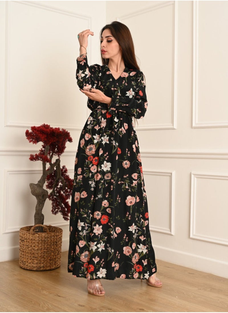FULL JOY - Floral Elegant Maxi  Jalabiya  with a tie at the waist and long sleeves - Image 1