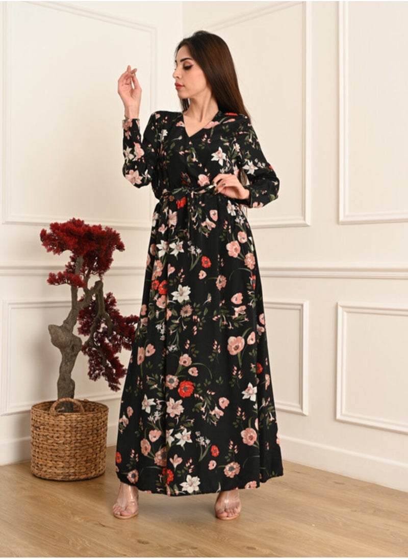 FULL JOY - Floral Elegant Maxi  Jalabiya  with a tie at the waist and long sleeves - Image 1