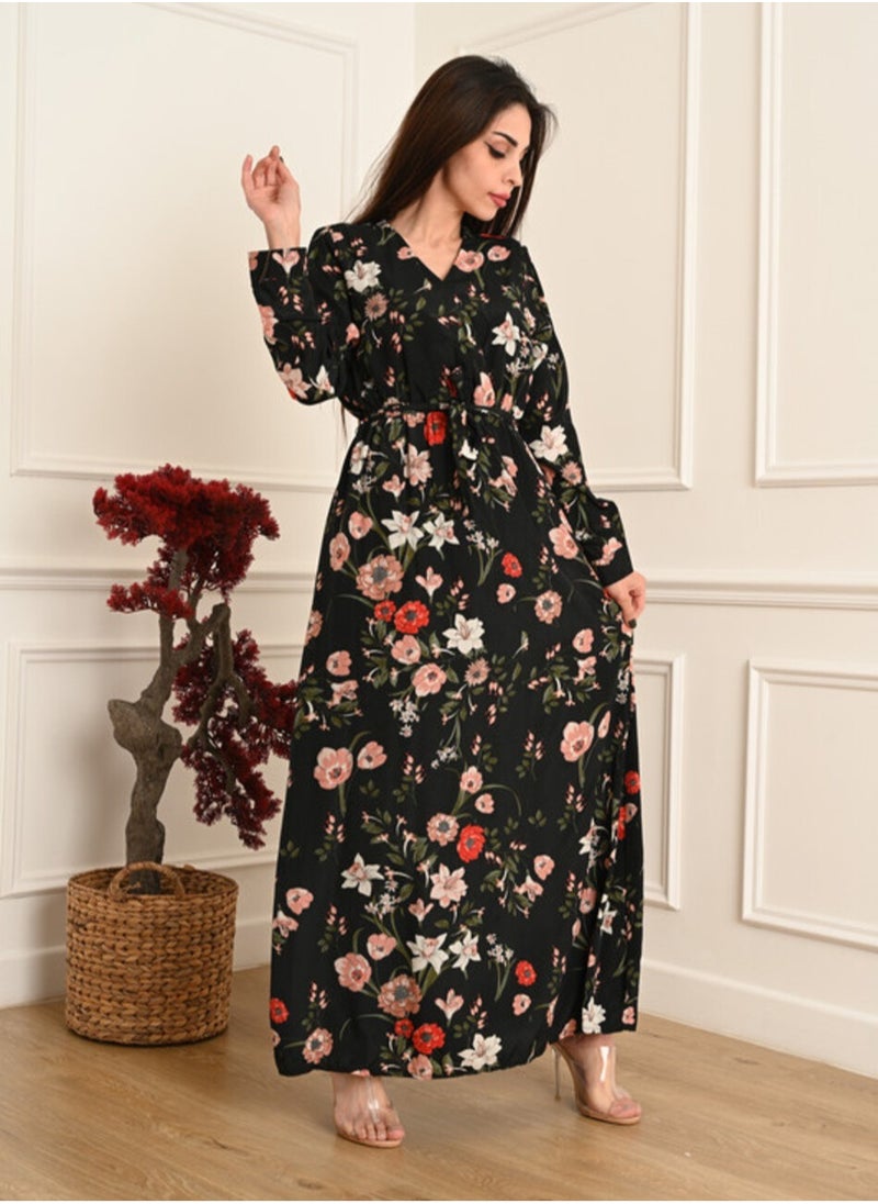 FULL JOY - Floral Elegant Maxi  Jalabiya  with a tie at the waist and long sleeves - Image 1