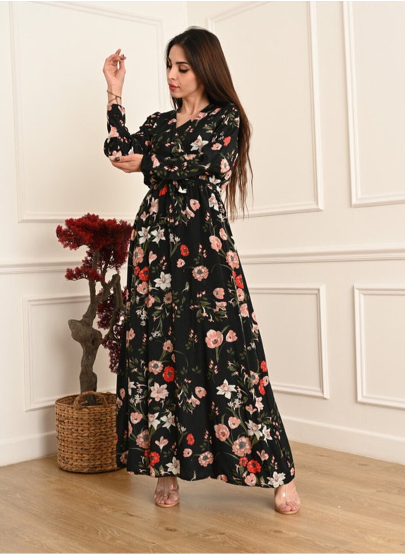 FULL JOY - Floral Elegant Maxi  Jalabiya  with a tie at the waist and long sleeves - Image 1