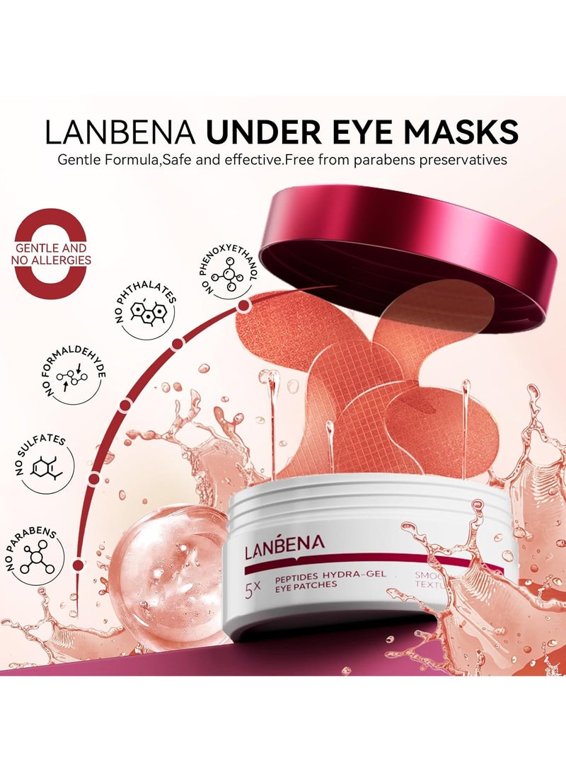LANBENA لنبينا لاصقات هيدرا-جل للعيون مع الببتيدات لدوائر الظلام والعيون المنتفخة، تقلل من أكياس تحت العين وتنعيم التجاعيد، مضادة للشيخوخة، وسادات العناية ببشرة العين مع الكولاجين القابل للذوبان والببتيدات - 30 زوجًا - Image 3