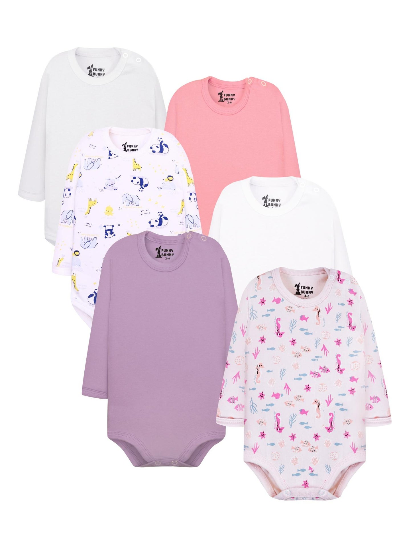 Funny Bunny Pack of 6 Cotton Long Sleeve Bodysuit for Baby