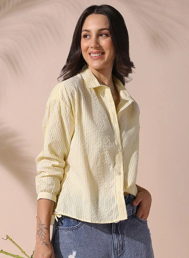 Dennis Lingo Women's Yellow Cotton Blend Striped Button Down Relaxed Shirt