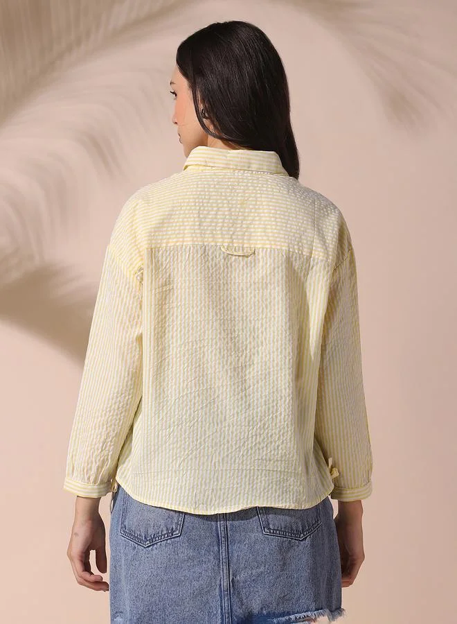 Dennis Lingo Women's Yellow Cotton Blend Striped Button Down Relaxed Shirt