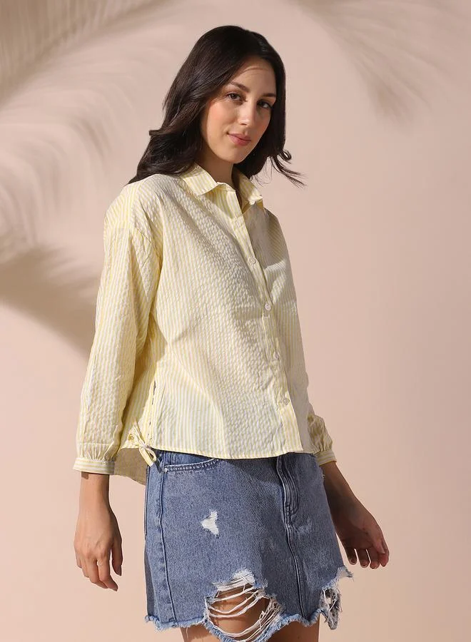 Dennis Lingo Women's Yellow Cotton Blend Striped Button Down Relaxed Shirt