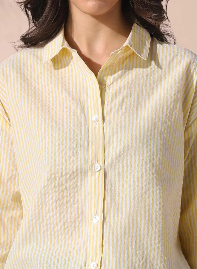 Dennis Lingo Women's Yellow Cotton Blend Striped Button Down Relaxed Shirt